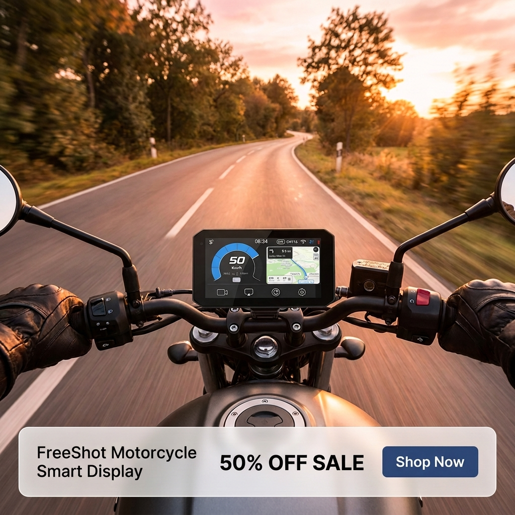 FreeShot Rider™ — CarPlay, Android Auto & Dual Dashcam Motorcycle Display