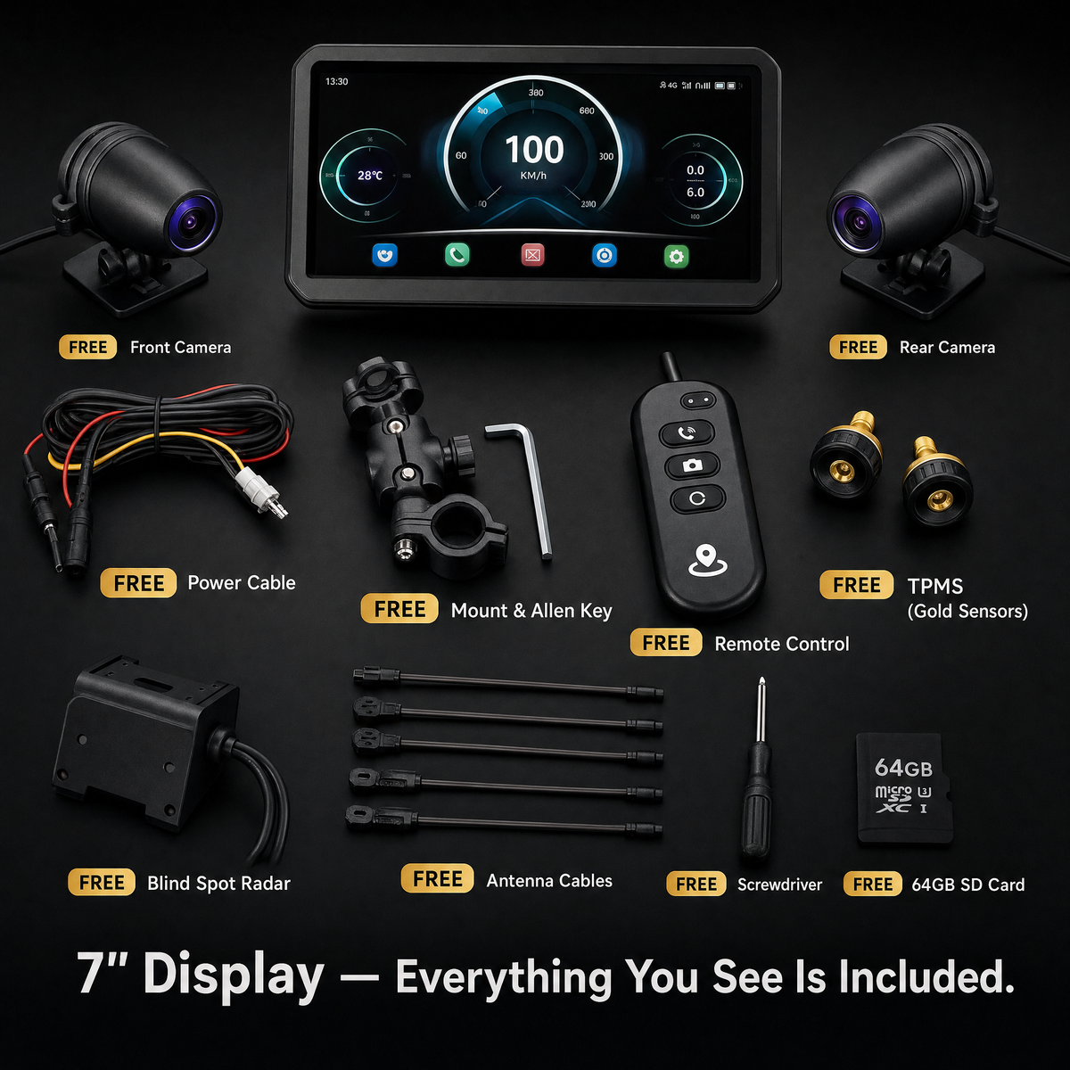 FreeShot Rider™ — CarPlay, Android Auto & Dual Dashcam Motorcycle Display