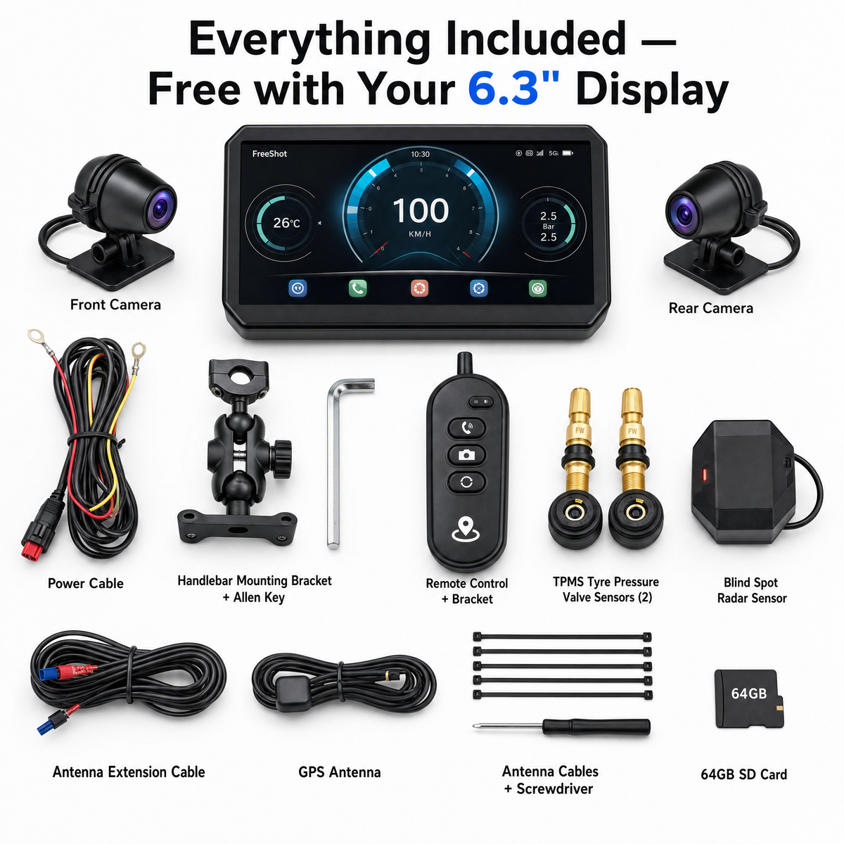 FreeShot Rider™ — CarPlay, Android Auto & Dual Dashcam Motorcycle Display