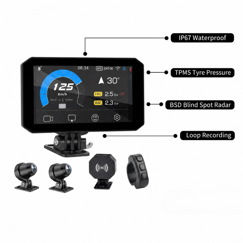 FreeShot Rider™ — CarPlay, Android Auto & Dual Dashcam Motorcycle Display